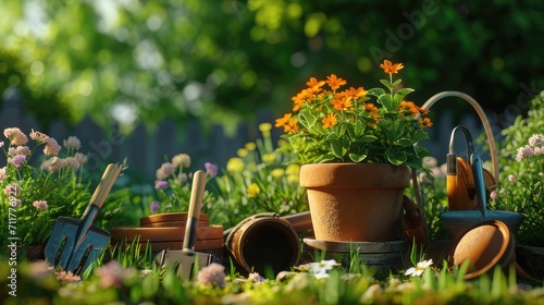 gardening tools in an authentic outdoor setting, positioned among growing plants, soil and natural elements to create a dynamic garden scene.