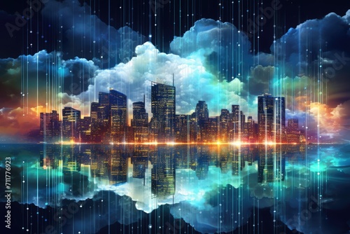 An enchanting cityscape where the sky is adorned with clouds and stars, Holographic pixelated city in the Network Cloud, AI Generated