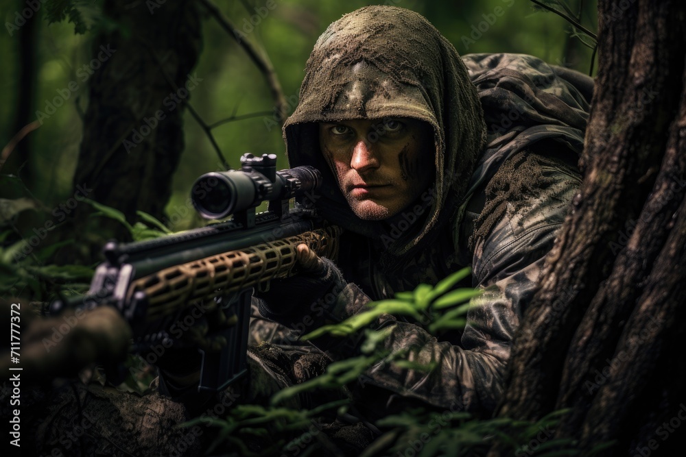 A man wearing camouflage is seen in the woods, holding a rifle, Hunter with sniper aiming prey hiding behind tree, AI Generated A man wearing camouflage is seen in the woods, holding a rifle, Hunter with sniper aiming prey hiding behind tree, AI Generated