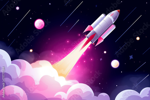 Fantastic Cartoon Pink Spaceship Flies in Outer Space. Concept for Celebrating Cosmonautics Day. Space Exploration, Satellite Launch, Flight to the Moon. photo