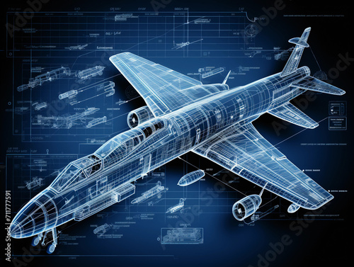 Infographic blueprint displays the precise technical details of a plane. 