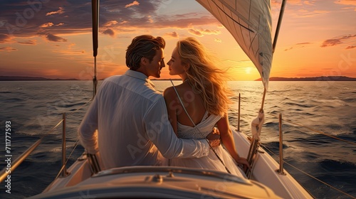 interaction between a couple to convey sincere emotions and expressions of emotions, the couple against the backdrop of a yacht and a picturesque sunset