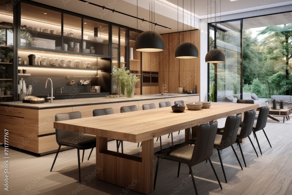 A spacious wooden table with a set of sleek black chairs arranged around it, large kitchen room with modern interior design with wood table and chairs, AI Generated