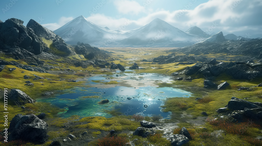 Primordial tundra landscape with shallow ponds of blue water, mountains, and hills covered with moss and lichen. Ancient Earth or extraterrestrial planet.