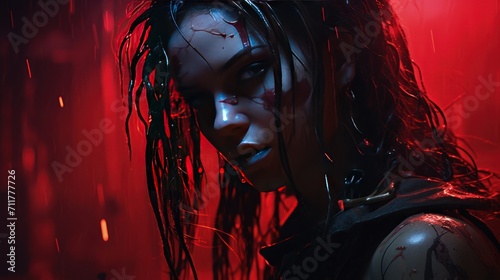 Futuristic ninja girl with red light wet hair in the background AI generated image photo