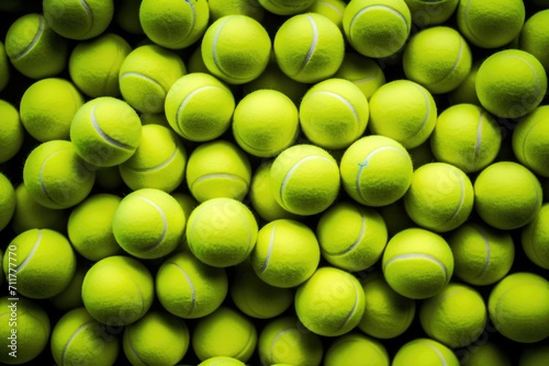 An impressive arrangement of numerous tennis balls neatly stacked one on top of the other, Lots of vibrant tennis balls, pattern of new tennis balls for background, AI Generated © Iftikhar alam