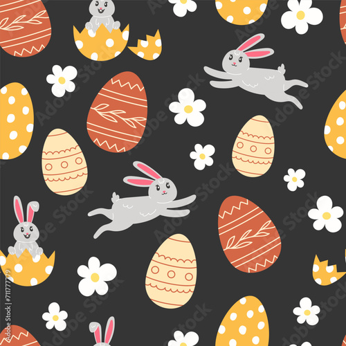 Seamless pattern of Easter bunnies, flowers and painted eggs in cartoon style