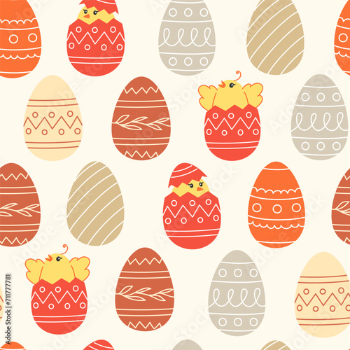 Seamless pattern of chickens and easter eggs in cartoon style