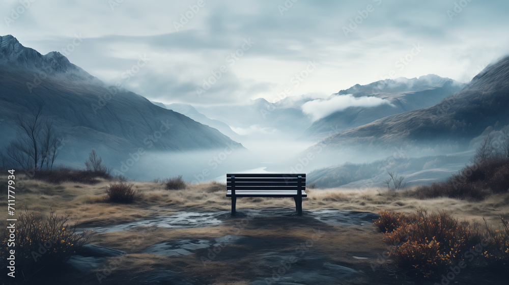 Solitary bench on a plateau, with a view over misty mountains and lake. Peaceful recreational area high in the mountains, in a remote, isolated area. National park, eco-tourism concept.