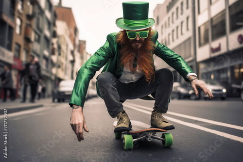 Bearded man in a green St. Patrick's Day outfit skateboarding down a city street
