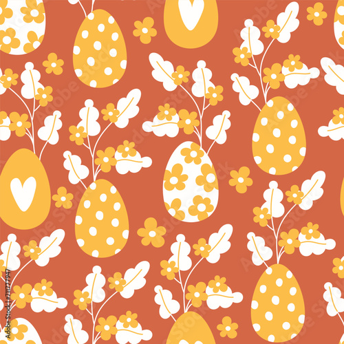 Seamless pattern of flowers and easter eggs in cartoon style