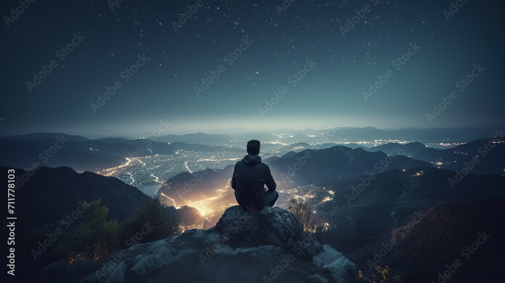Man sitting on a cliff at night, looking at the glowing lights of a big city in the valley. Person meditating on the mountain in solitude and observing busy life of a modern metropolis. - obrazy, fototapety, plakaty 