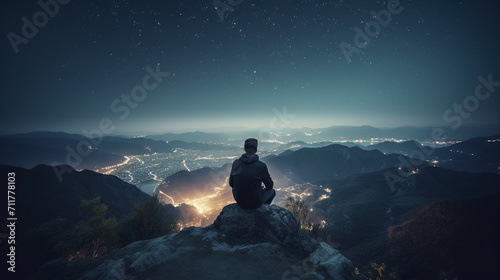 Man sitting on a cliff at night, looking at the glowing lights of a big city in the valley. Person meditating on the mountain in solitude and observing busy life of a modern metropolis. © Studio Light & Shade