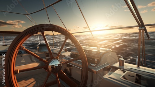 steering wheel in the yacht's surroundings, using elements such as the deck, sea or sails, the steering wheel in action, creating a dynamic journey across open water.