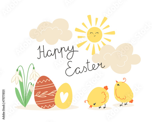 Easter illustration with chick and painted eggs in cartoon style