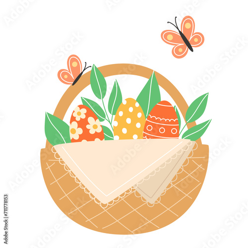 Easter illustration with butterflies and painted eggs in a wicker basket for the holiday in a cartoon style
