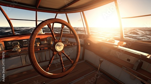 steering wheel in the yacht's surroundings, using elements such as the deck, sea or sails, the steering wheel in action, creating a dynamic journey across open water.