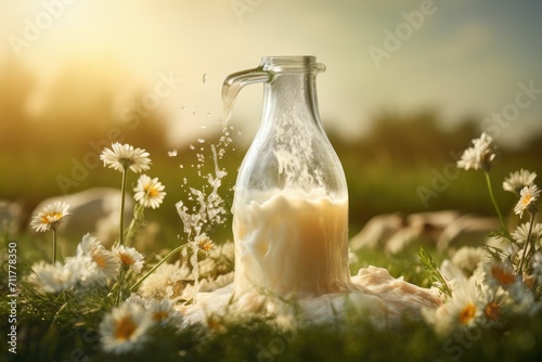 A bottle of milk sits among a lush field of daisies, offering a picturesque scene of natures simplicity, Glass milk bottle filling with fresh organic milk, AI Generated photo