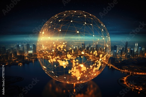 An image of a sphere featuring a prominent city in the background, providing a captivating urban landscape, Globe encased in a glowing network of communication signals, AI Generated photo