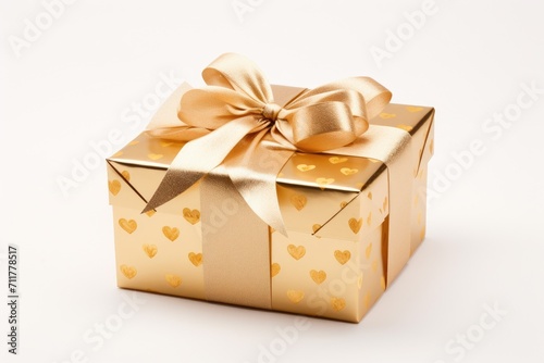Gold Gift Box With Bow and Hearts - Luxurious Present Packaging for Celebrations and Special Occasions, Gold embossed Valentine's Day gift box with satin ribbon, AI Generated © Iftikhar alam