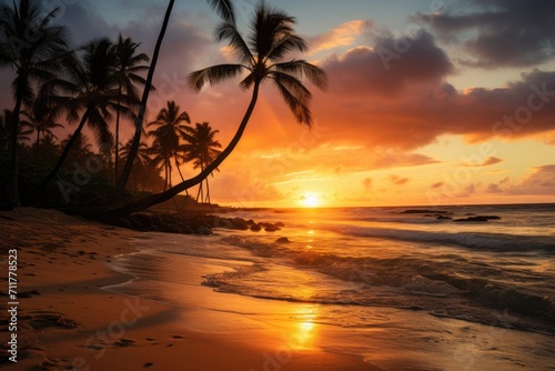 A breathtaking sunset over a serene tropical beach, framed by lush palm trees, Golden hues of sunset on a Hawaiian beach, AI Generated