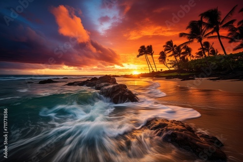 A mesmerizing sunset scene where palm trees stand as silhouettes against the vibrant colors cast by the ocean  Golden hues of sunset on a Hawaiian beach  AI Generated