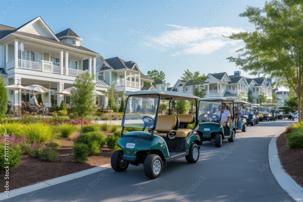 A lively group of people happily riding carts down a bustling street, Golf carts driving through an upscale retirement community, AI Generated