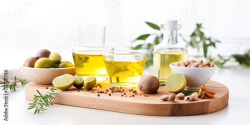 Olive oil  garlic  bread  and olive oil on wooden board