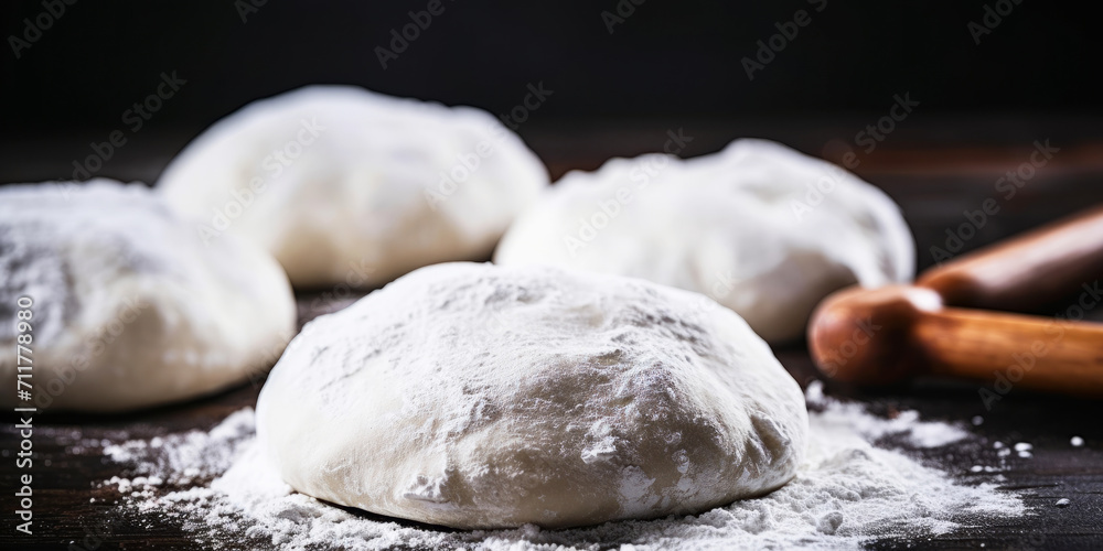 Fresh dough on a board with ears of wheat and rolling pin. Fresh dough on a board with ears of wheat and rolling pin.