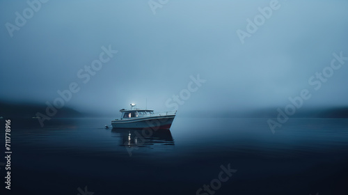 Motorboat in misty dark water in twilight. Solitary boat with a glowing light parked in a quiet, mysterious dark lake. Nighttime marine landscape, eerie atmosphere, nostalgic mood. photo