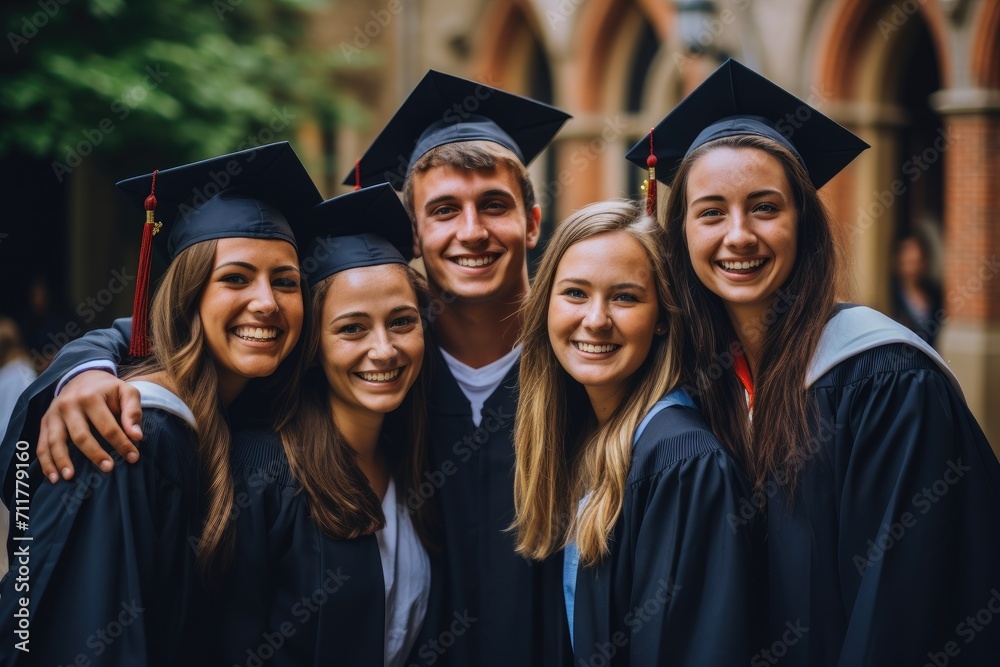 Obraz premium A joyful group of young individuals wearing graduation caps and gowns, rejoicing in their academic accomplishment, Group of friends gathering to celebrate a college graduation, AI Generated