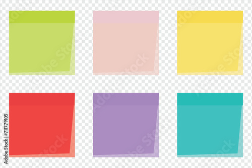 Multicolor post it notes isolated on transparent background. Colored sticky note set. Vector realistic illustration.  eps file 3.