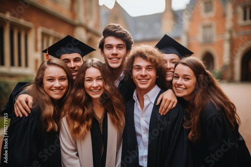 A diverse group of individuals, dressed in graduation gowns, standing together and smiling for a group photograph, Group of friends gathering to celebrate a college graduation, AI Generated