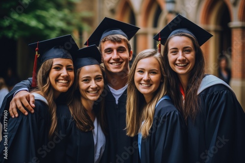 A joyful group of young individuals wearing graduation caps and gowns, rejoicing in their academic accomplishment, Group of friends gathering to celebrate a college graduation, AI Generated