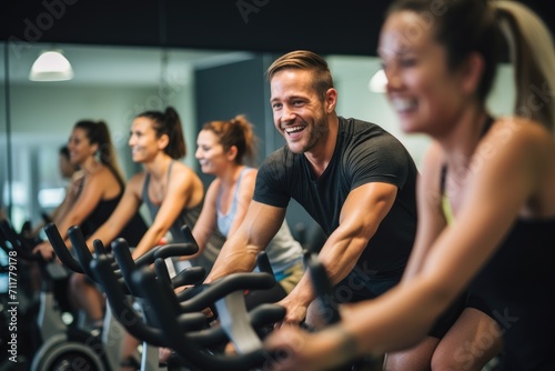 A lively group of individuals riding stationary bikes at a fitness center, Group of people participating in a spinning class, AI Generated