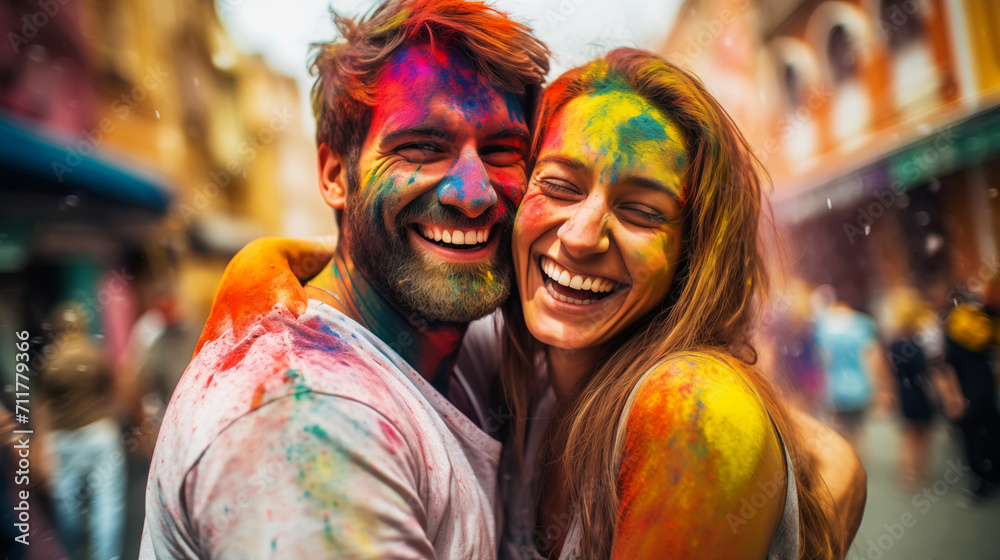 Couple covered with colorful Holi powder hugging joyfully at Holi festival