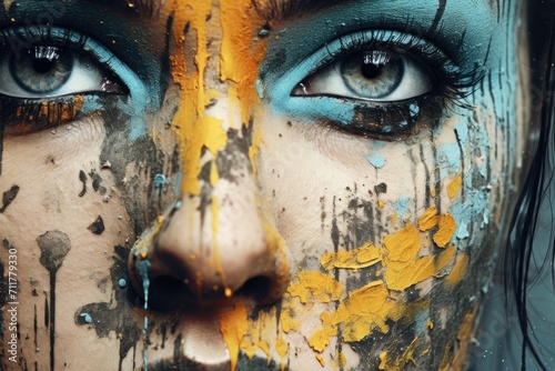 A womans face adorned with vibrant yellow and blue paint, creating a striking and colorful expression, Grungy, splattered paint effect, AI Generated