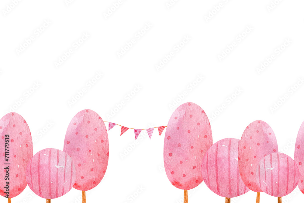 Cartoon spring forest with pink trees, flags on a white background. Seamless pattern of watercolor trees.