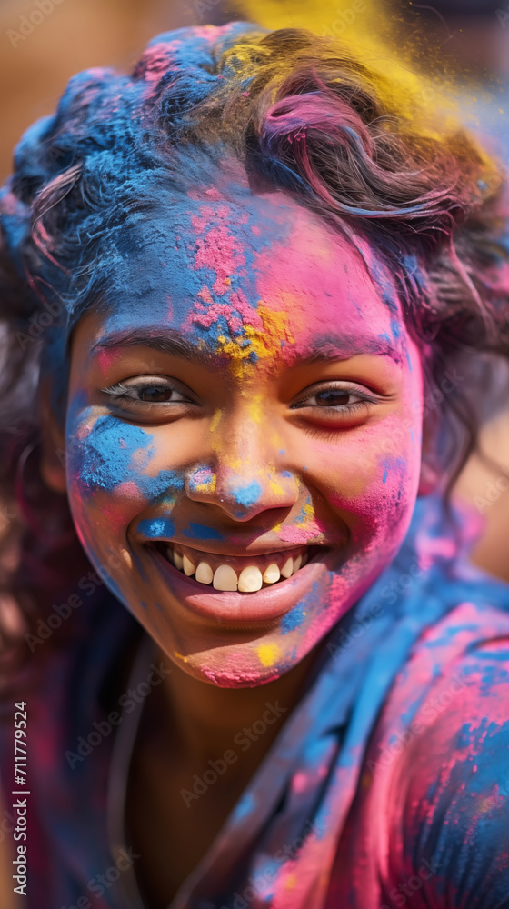 Young Indian woman with a joyful expression covered with colorful Holi powder and smiling brightly