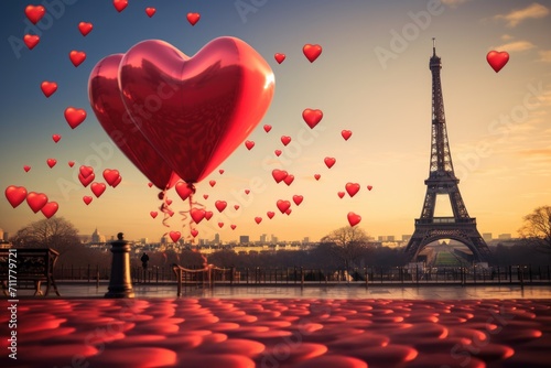 A heart-shaped balloon floats in the air near the iconic Eiffel Tower, Heart balloons floating near the Eiffel tower during Valentine's Day, AI Generated photo