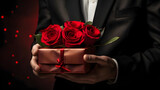 Happy valentines, gift packed in red paper with a red rose in a hand for celebration of valentines 