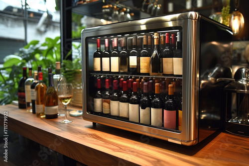 A variety of alcoholic beverages, including whiskey, gin, rum and brandy, are neatly displayed in the wine cooler. photo
