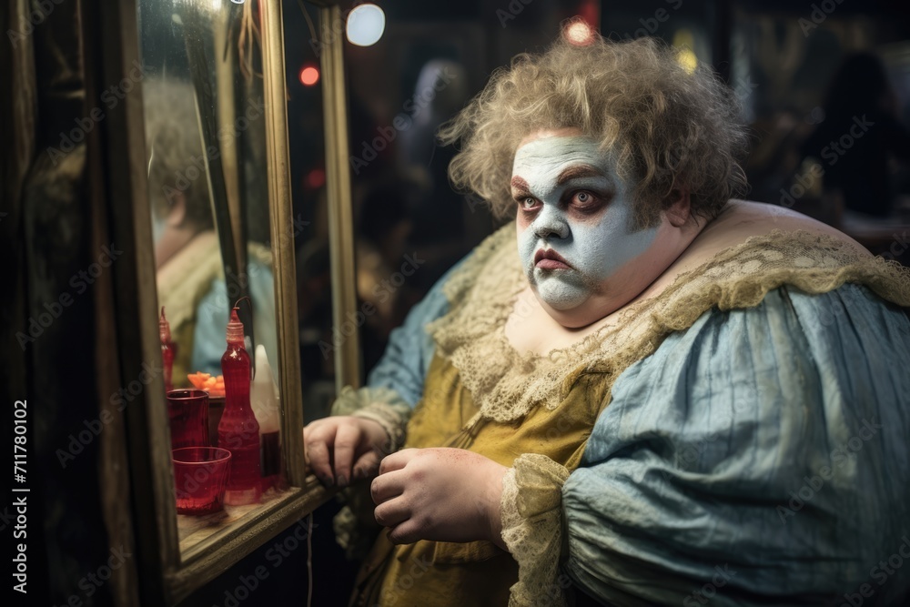  A fat artist in a suit delicately applies makeup looking in the mirror before performing in a theater