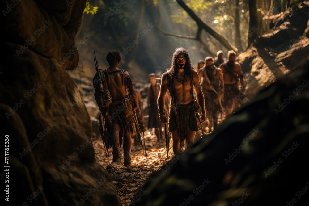 Primeval tribe's evolution, diverse ancient people in jungle cave, wild lifestyle portrait with primitive tools.