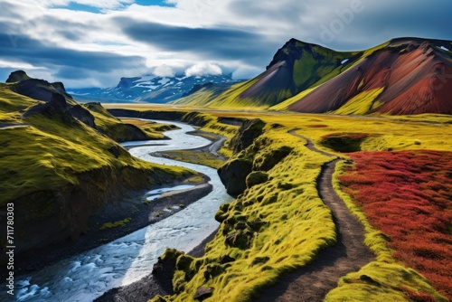 A peaceful river meandering through a vibrant landscape of lush greenery in a stunning valley, Hiking trails through the vibrant landscapes of Iceland, AI Generated