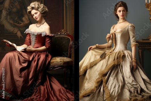 Side-by-side images of a woman in a dress and another woman in a gown, Historical fashion evolution from the 1900s to now, AI Generated