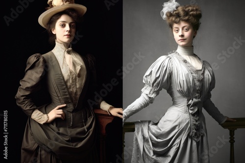 Two women, one in a dress and the other in a hat, walking side by side in an outdoor setting, Historical fashion evolution from the 1900s to now, AI Generated