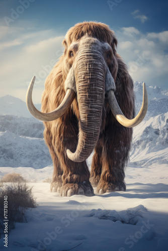 mammoth in a snow-covered landscape  depicting the harsh and freezing conditions of the Pleistocene era during the Ice Age.