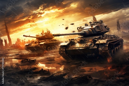 A pair of military tanks partially buried in the soil  Huge armored tanks rumbling across a war torn landscape  AI Generated
