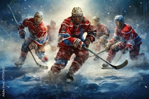 A group of men engaging in a lively game of ice hockey on a frozen surface, showing their athletic skills and teamwork, Ice hockey team in a thrilling match, AI Generated photo